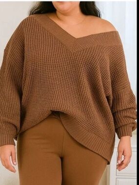 Zenana Edge-of-the-Shoulder Waffle Knit Sweater Toffee Brown S